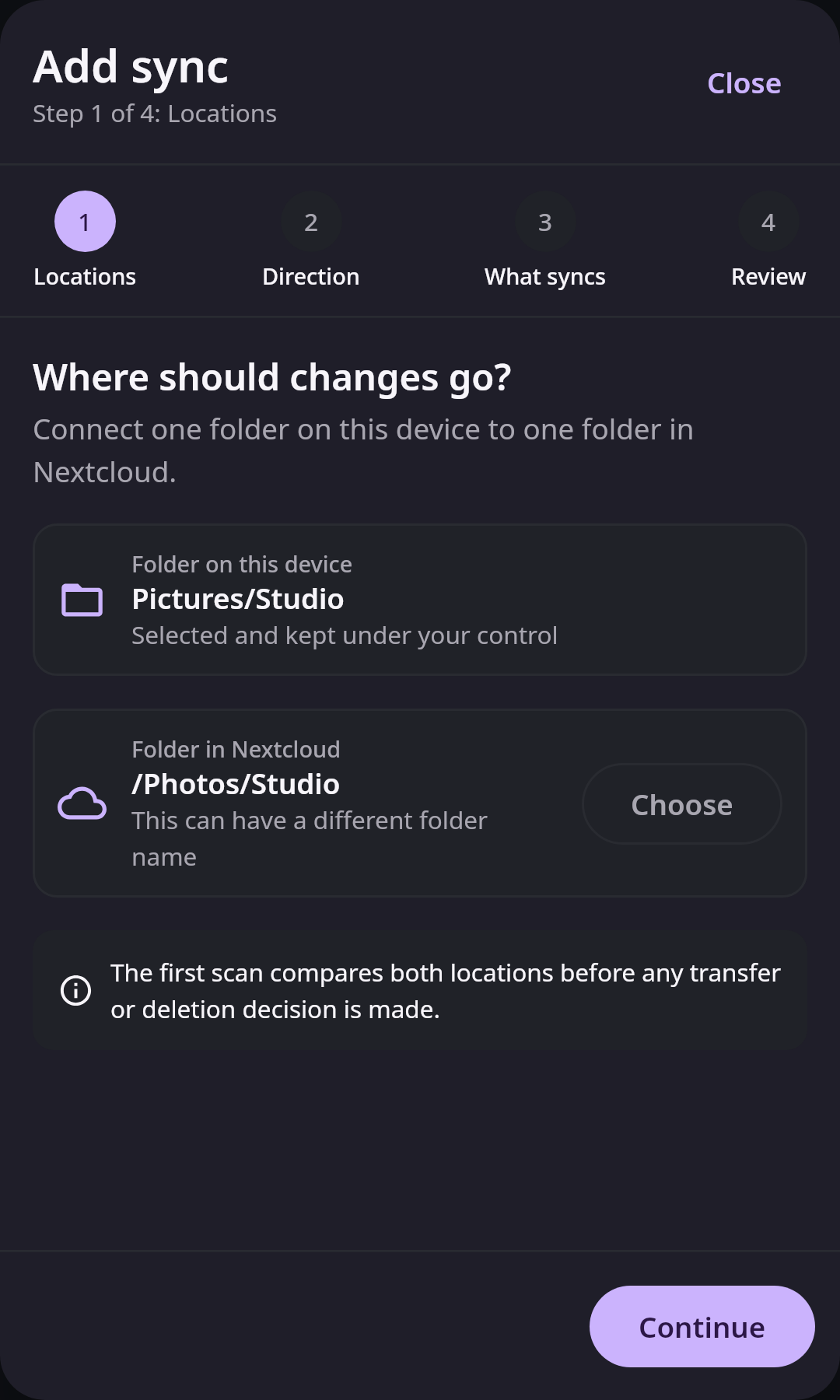 Nextcloud Native Android Add sync flow showing the selected device folder, the Nextcloud destination, direction, and a reviewable mapping