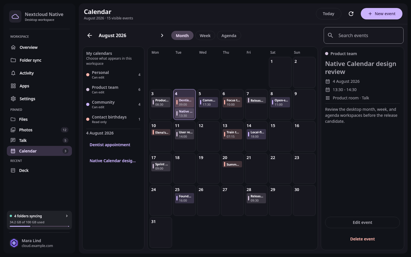 Nextcloud Native desktop Calendar month workspace with source list, date grid, event rows, search, selected event inspector, Today, refresh, and view controls